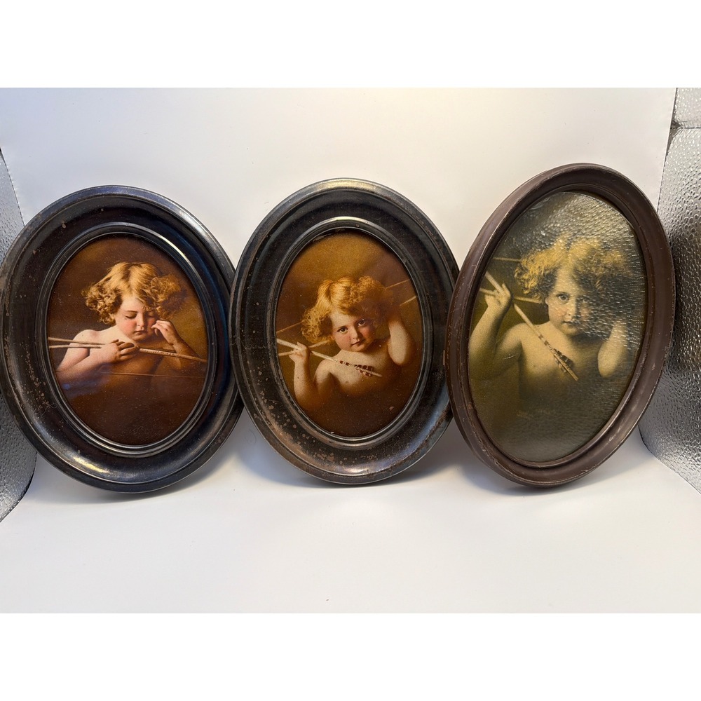 Antique Cupid Awake Asleep Oval Framed Prints Set of 3 Victorian Wall Decor 9x7
